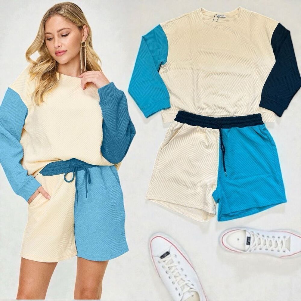 Blue Contrast Color Block Drop Shoulder Long Sleeve Top & Shorts Lounge Set NWT - Picture 1 of 13